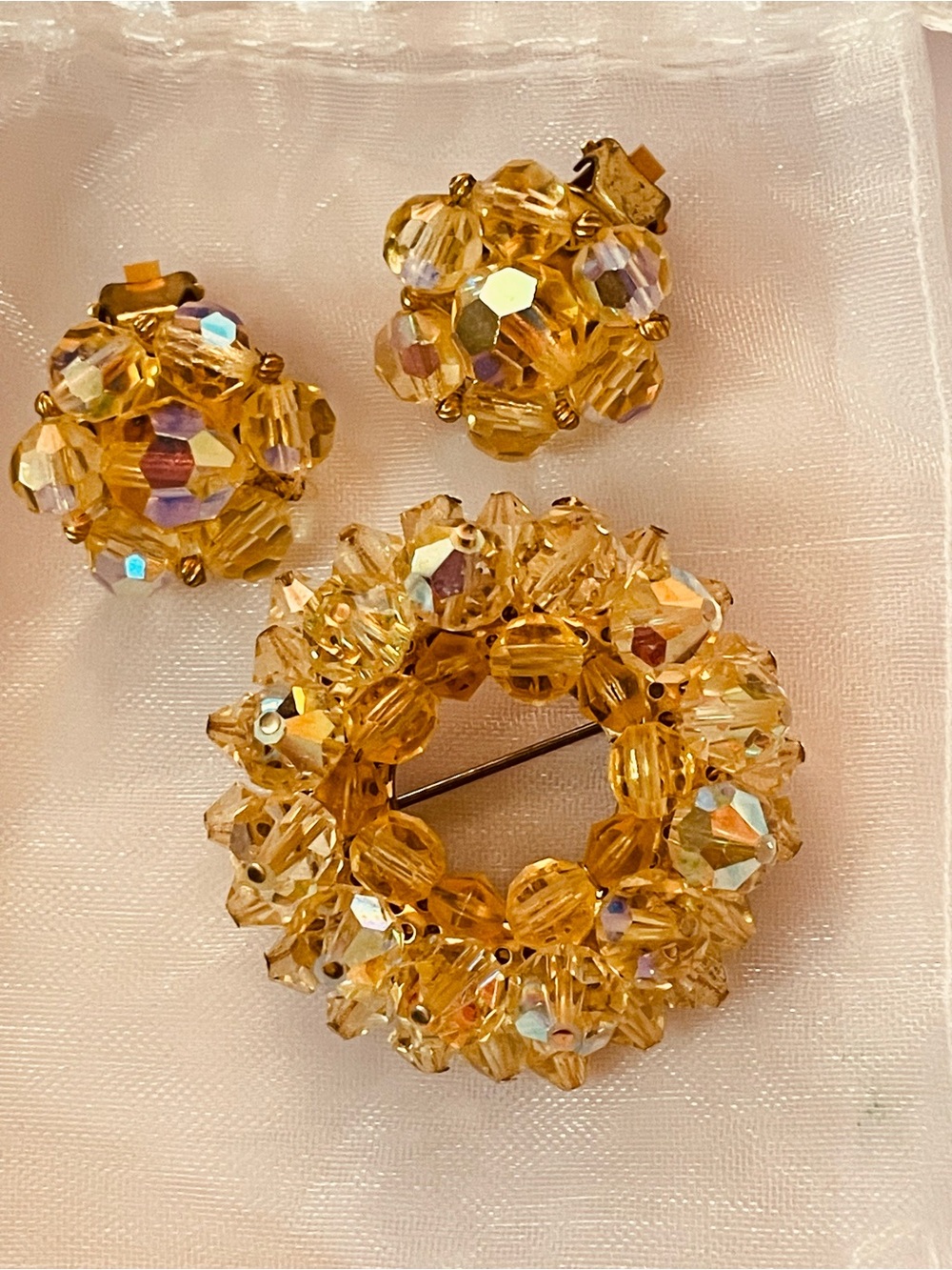 Gold Crystal Beaded Wreath Brooch and Clip-On Earrings - Unbranded